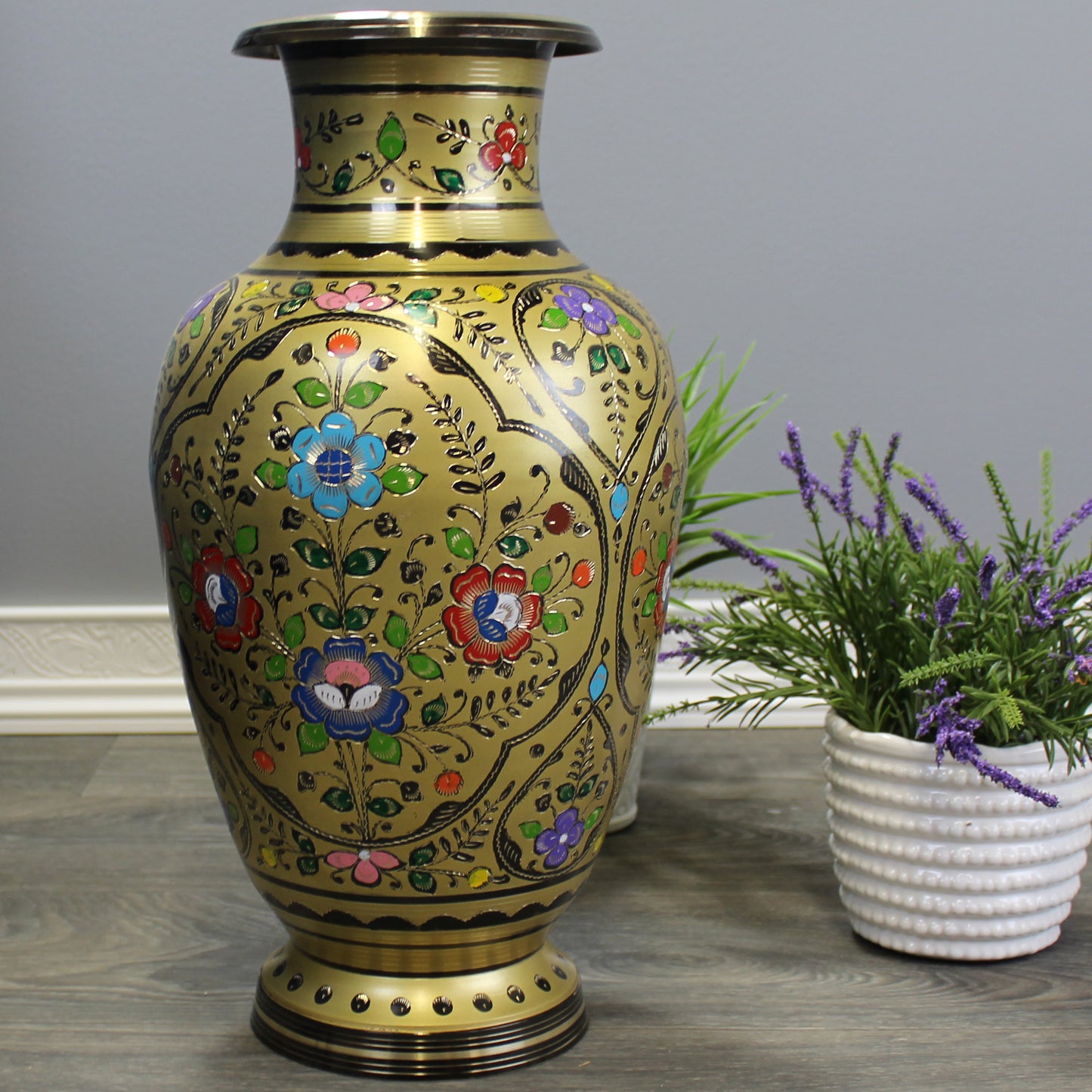 Natural Geo Decorative Brass 18" Yellow/Gold Floral Chinese Jar
