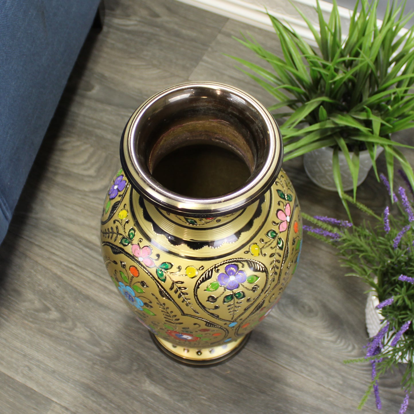 Natural Geo Decorative Brass 18" Yellow/Gold Floral Chinese Jar