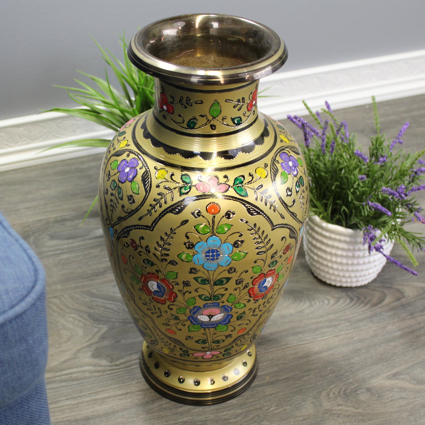 Natural Geo Decorative Brass 18" Yellow/Gold Floral Chinese Jar