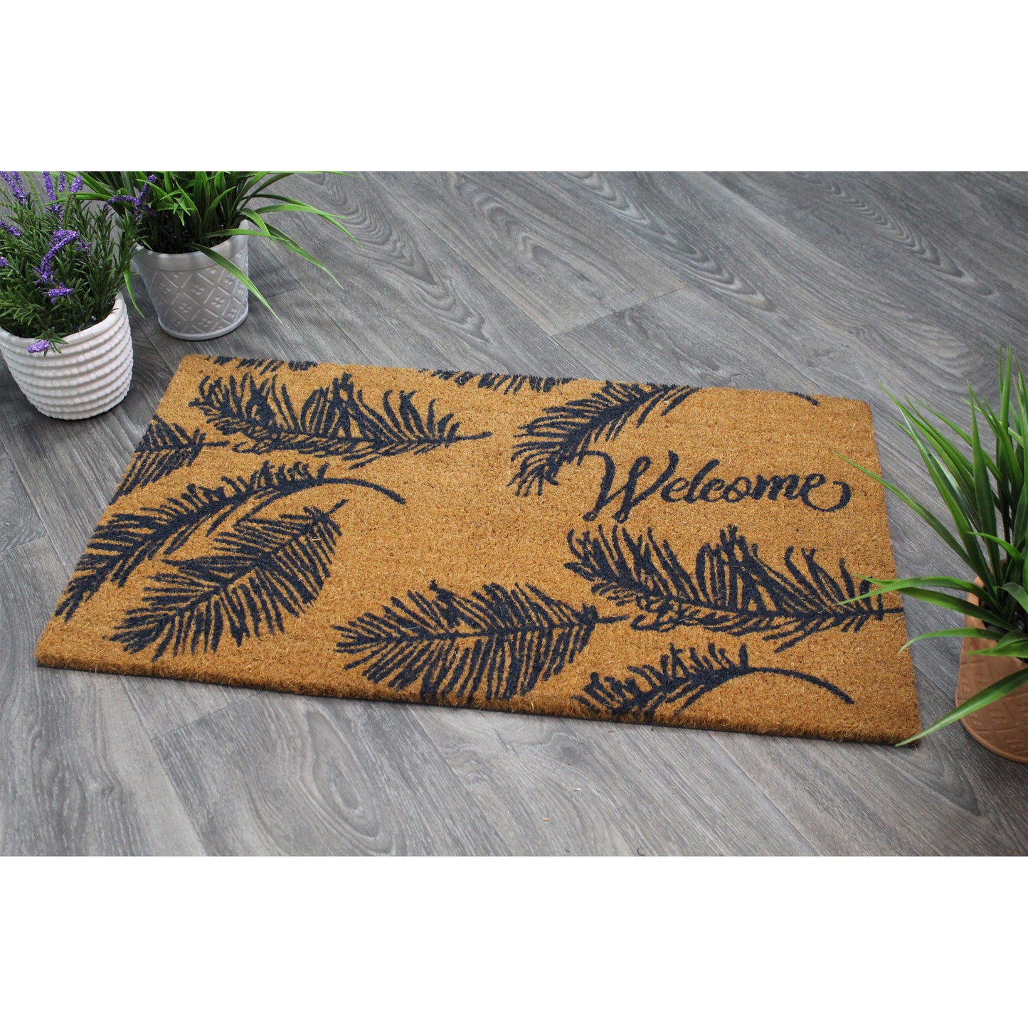Natural Geo Island Ferns Welcome Beige/Blue Natural Coir Door Mat 18 x 30"