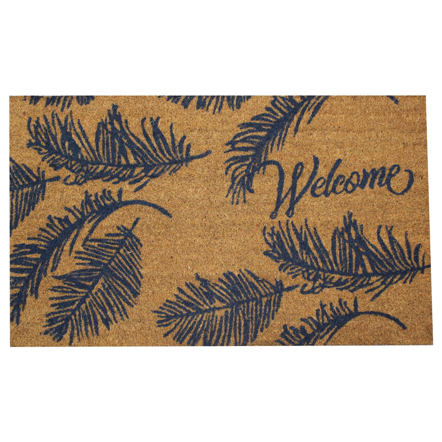 Natural Geo Island Ferns Welcome Beige/Blue Natural Coir Door Mat 18 x 30"