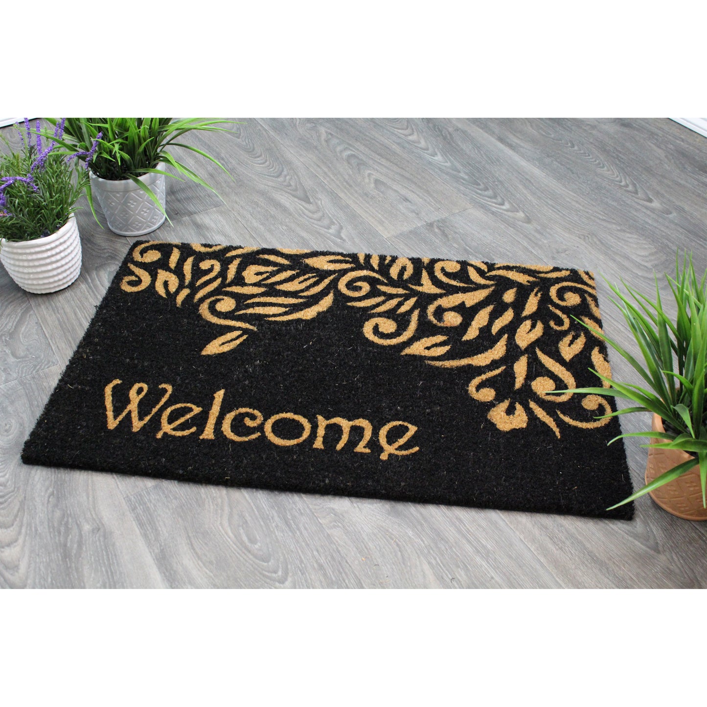 Natural Geo Island Paisley Welcome Black/Beige Natural Coir Door Mat 20 x 31"