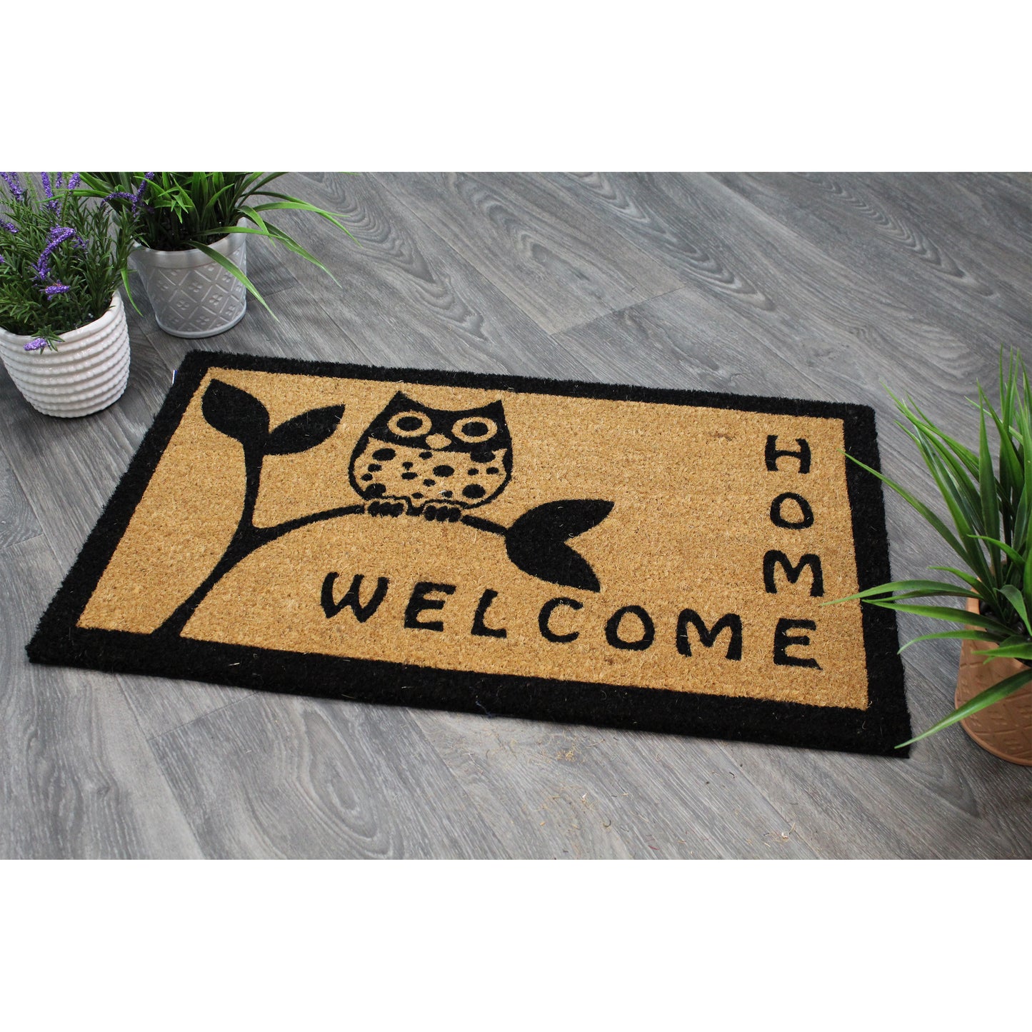 Natural Geo Island Sitting Owl Beige/Black Natural Coir Door Mat 18 x 30"