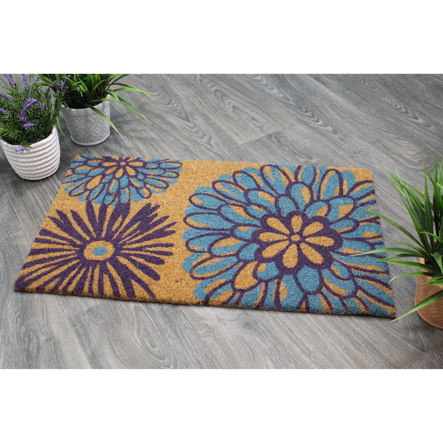 Natural Geo Island Abstract Floral Blue/Purple Natural Coir Door Mat 18 x 30"