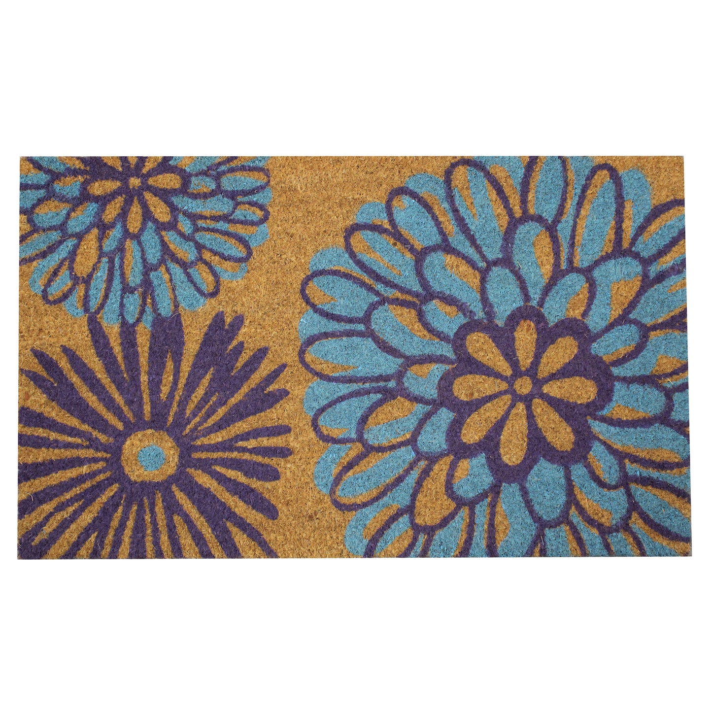 Natural Geo Island Abstract Floral Blue/Purple Natural Coir Door Mat 18 x 30"