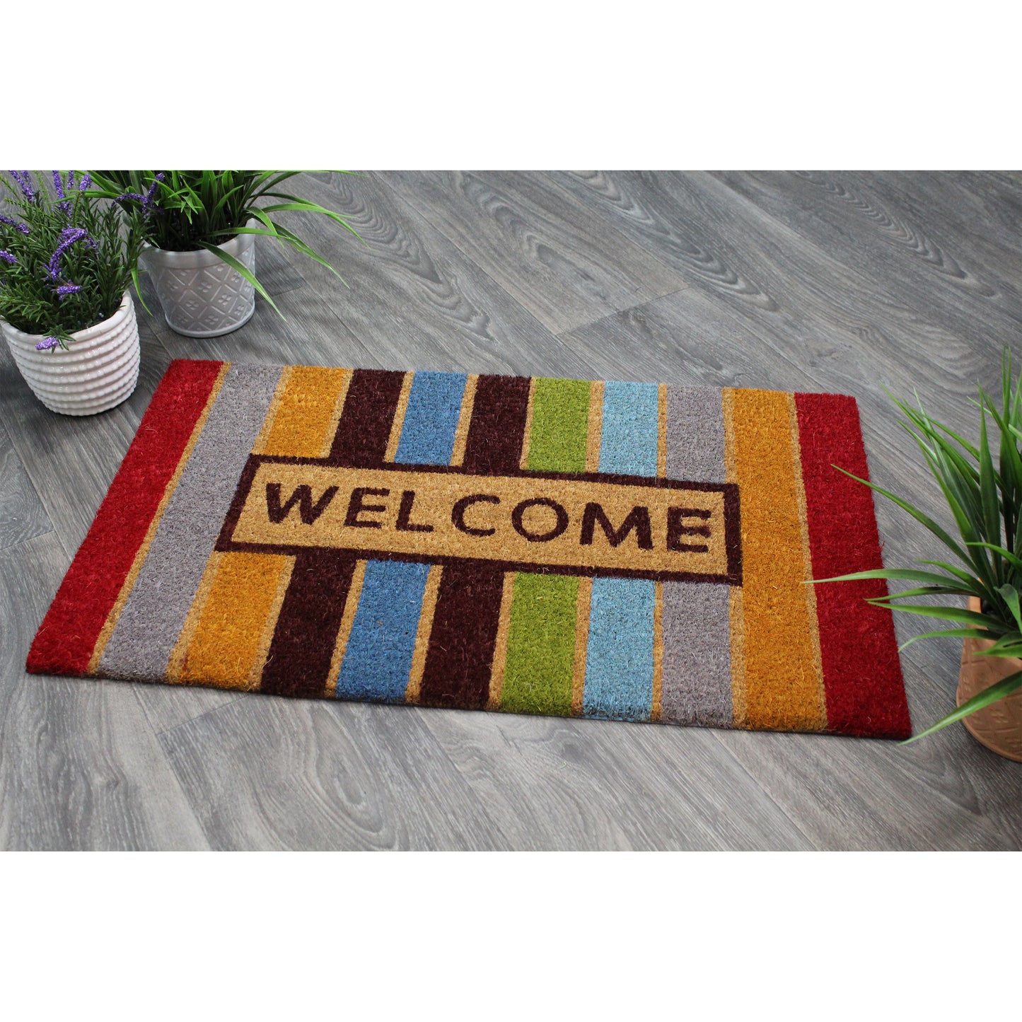 Natural Geo Island Striped Welcome Multicolored Natural Coir Door Mat 18 x 30"