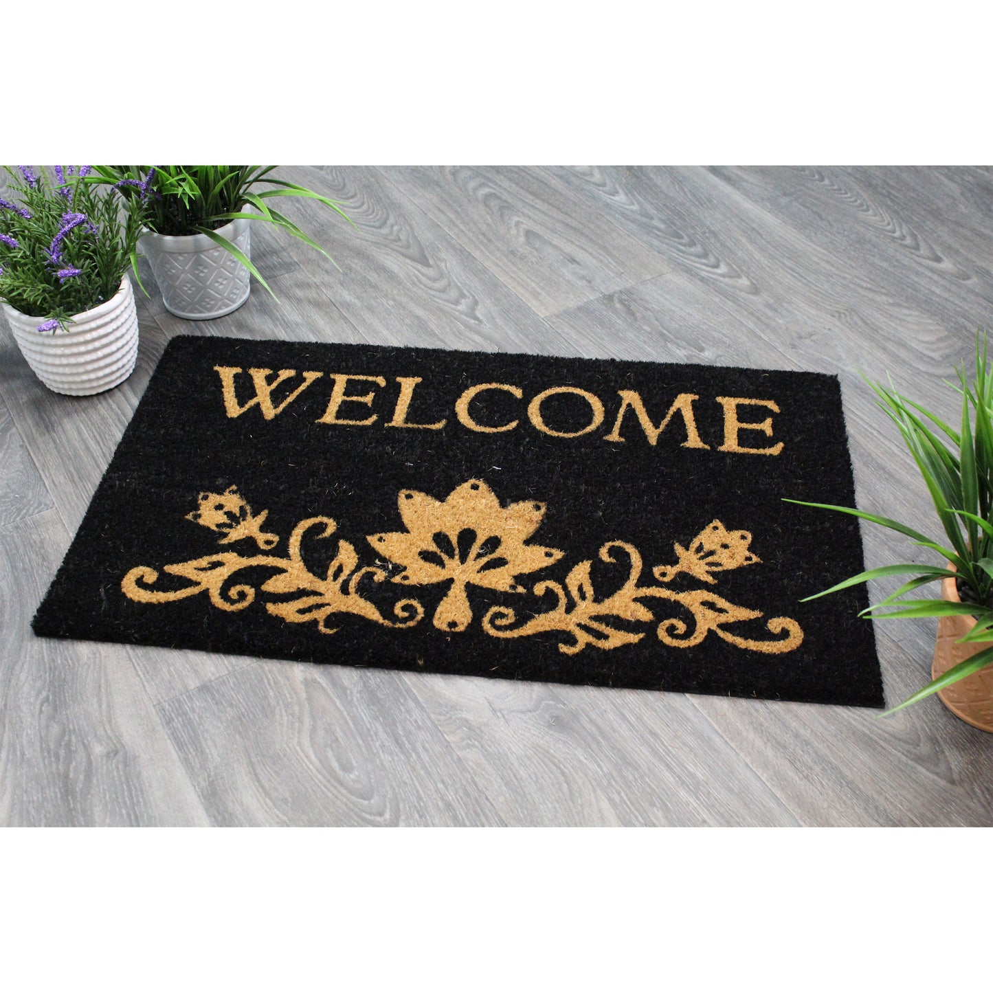 Natural Geo Island Floral Welcome Black/Beige Natural Coir Door Mat 18 x 30"