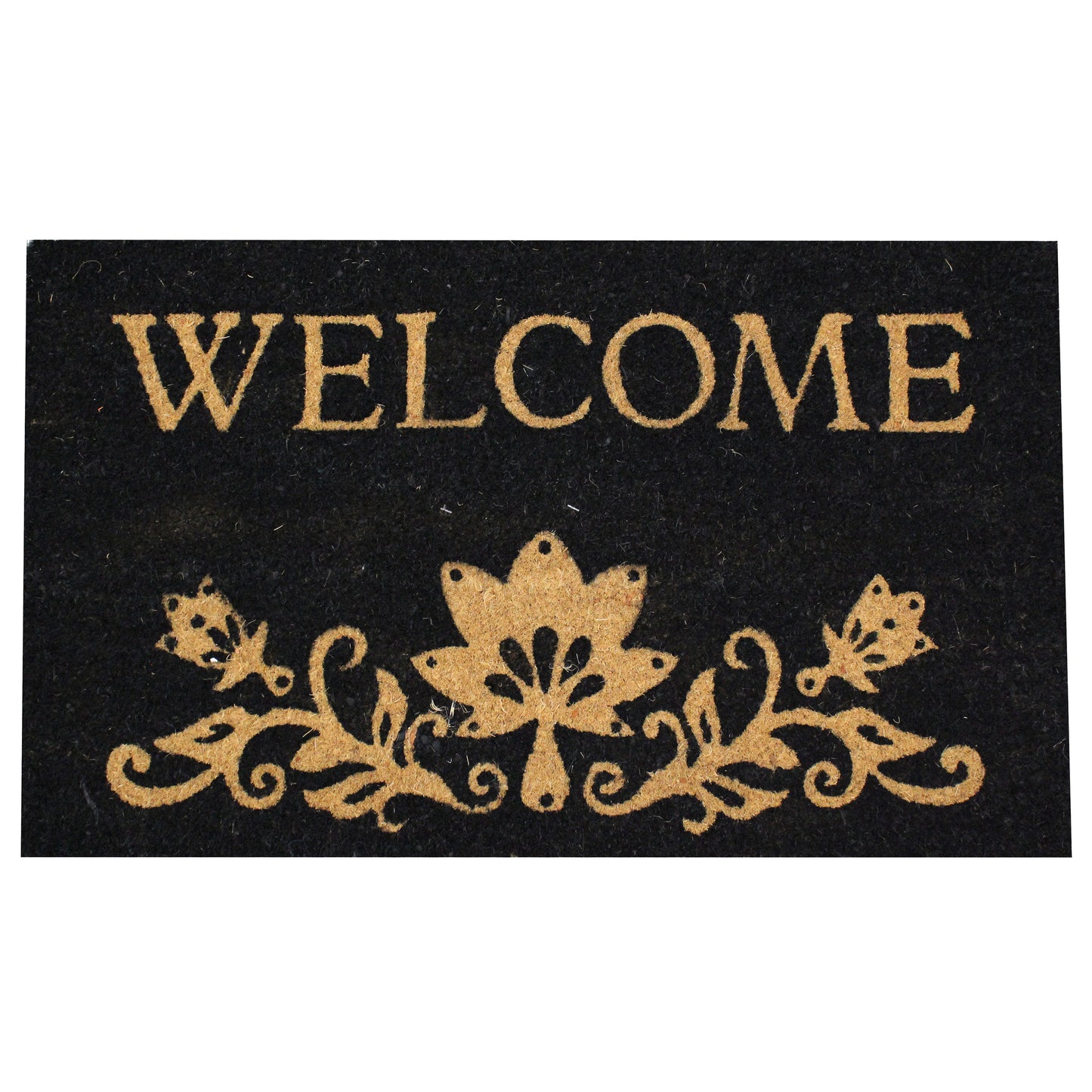 Natural Geo Island Floral Welcome Black/Beige Natural Coir Door Mat 18 x 30"