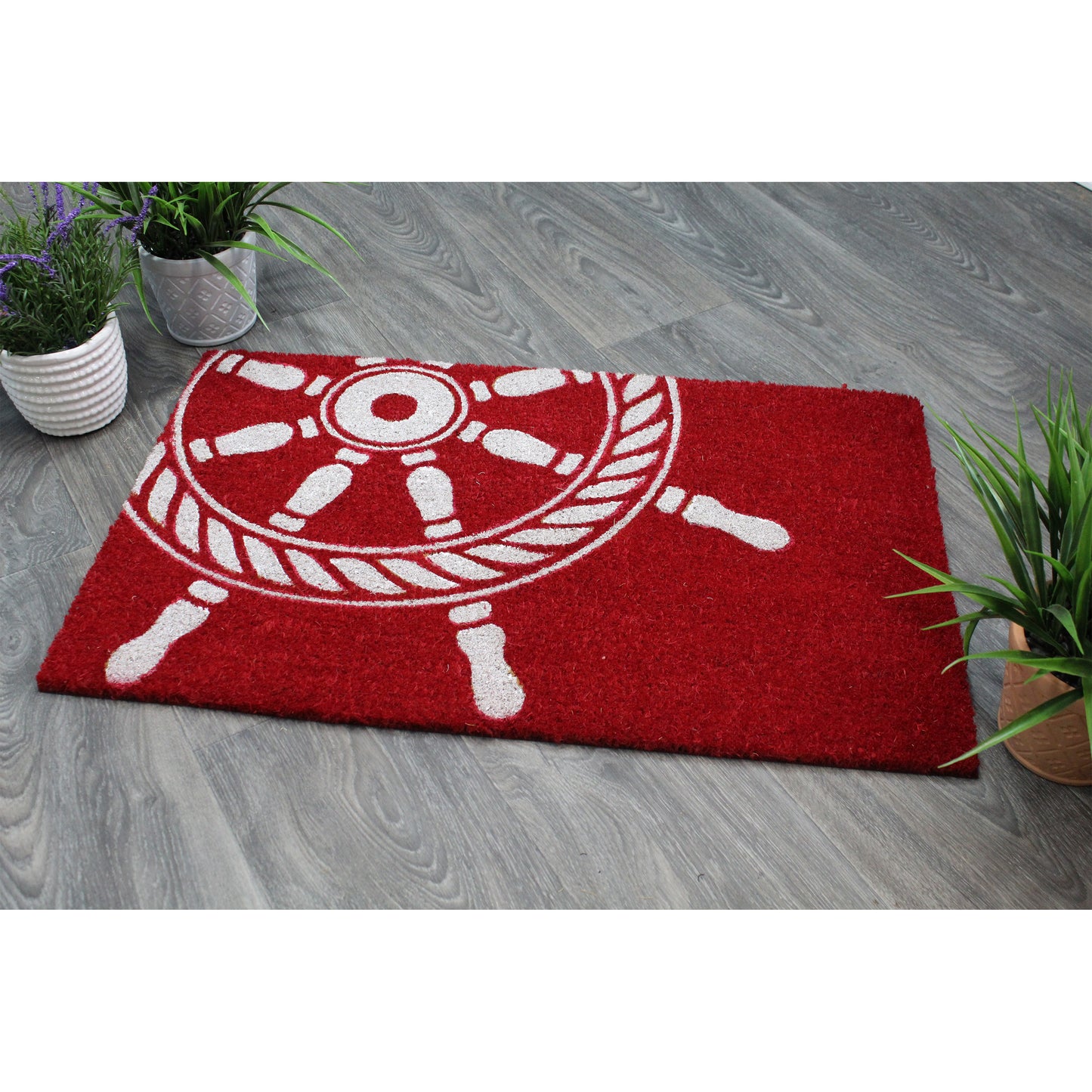 Natural Geo Island Ship Wheel Red/White Natural Coir Door Mat 20 x 31"