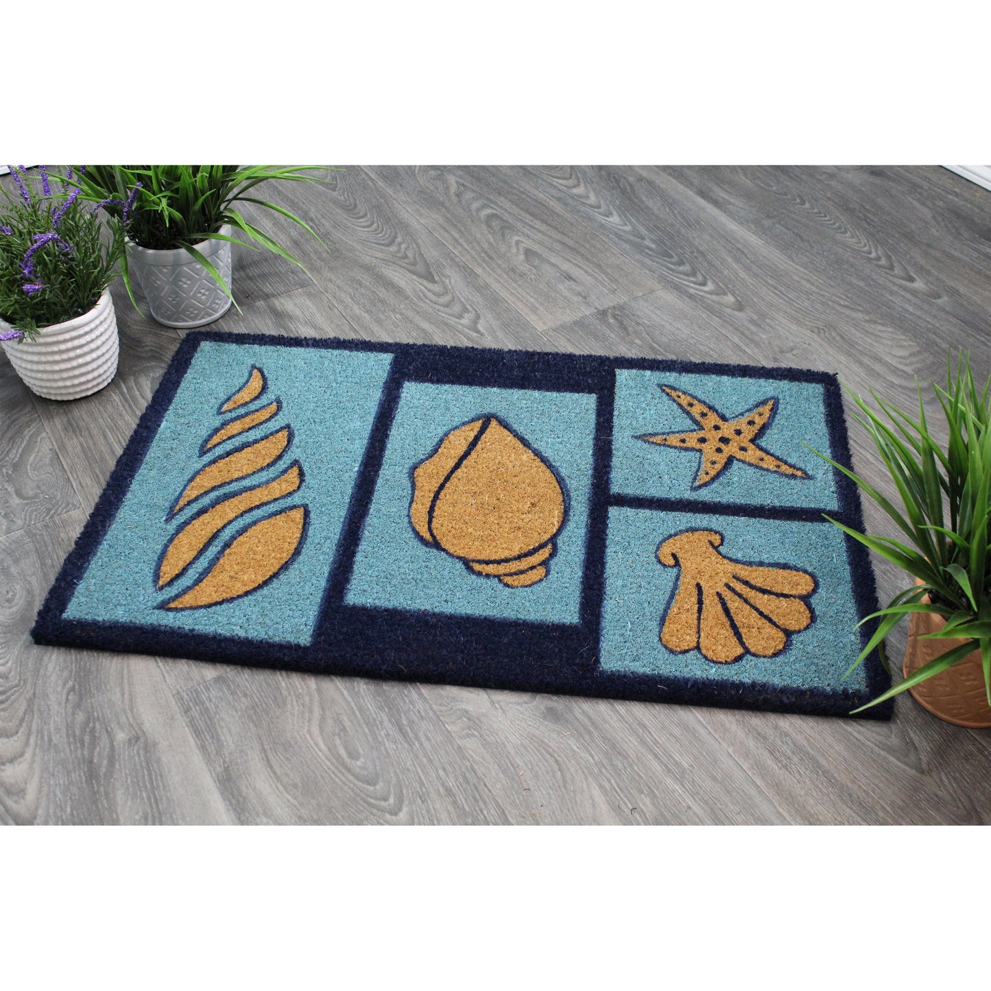 Natural Geo Island Beach Seashells Blue/Sky Natural Coir Door Mat 20 x 31"