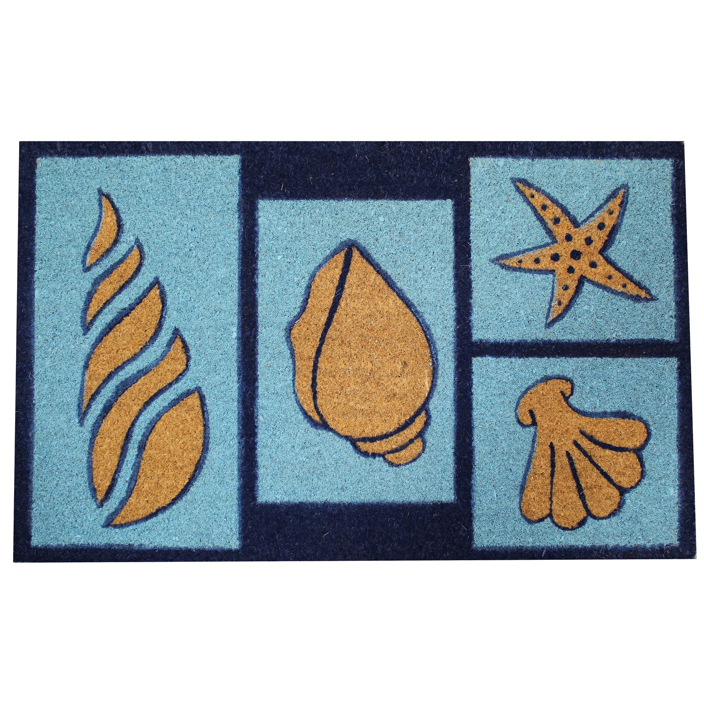 Natural Geo Island Beach Seashells Blue/Sky Natural Coir Door Mat 20 x 31"