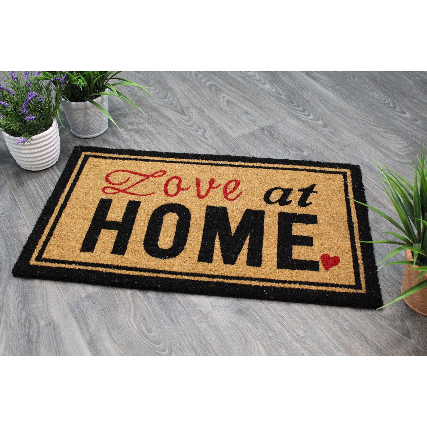 Natural Geo Island Love Home Bordered Black/Red Natural Coir Door Mat 18 x 30"