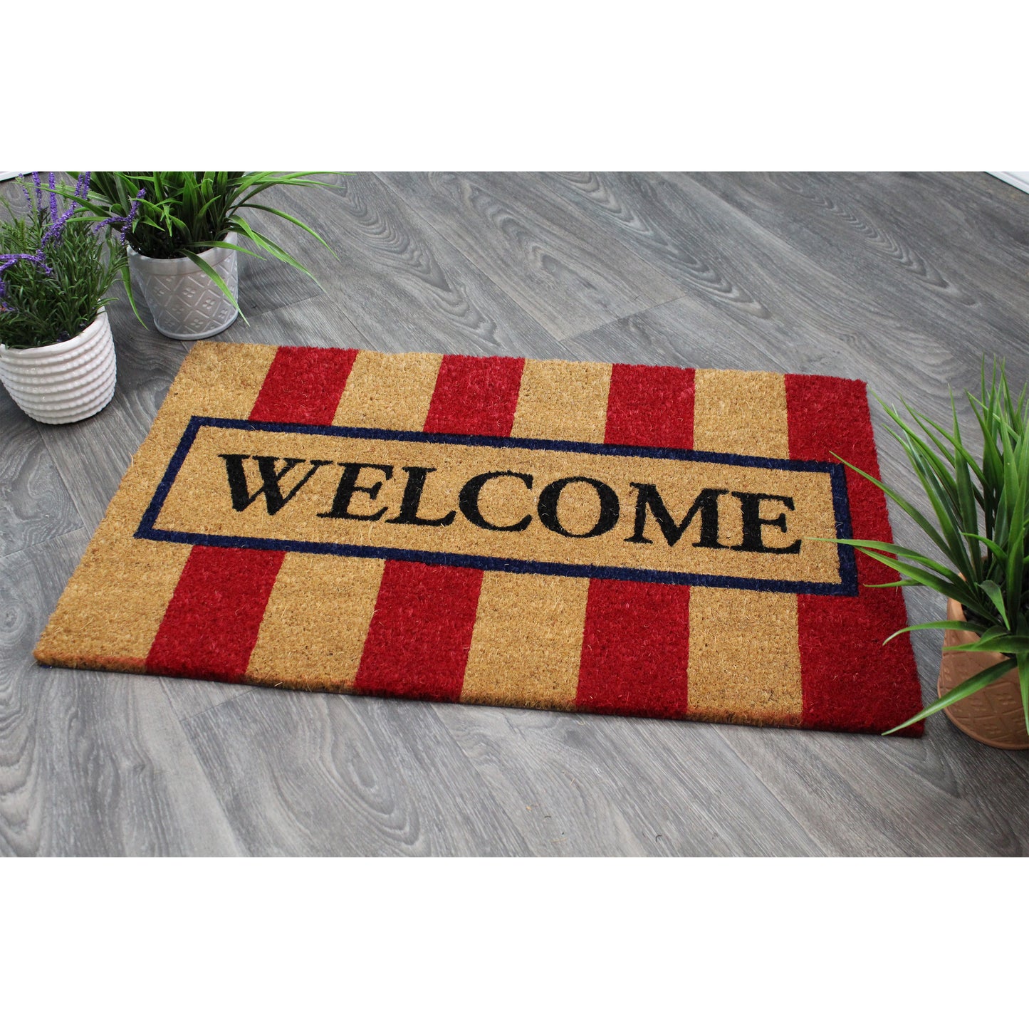 Natural Geo Island Striped Welcome Red/Beige Natural Coir Door Mat 20 x 31"