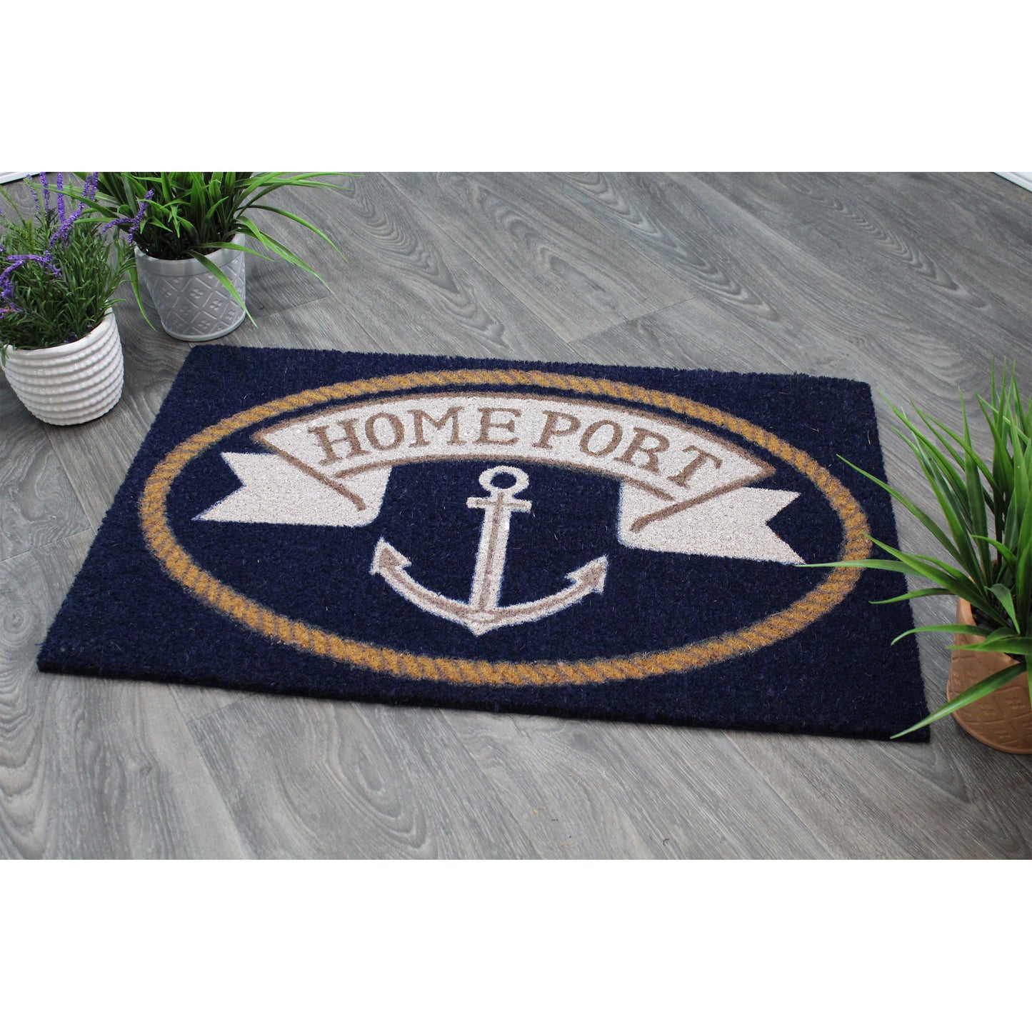 Natural Geo Island Homeport Anchor Blue/White Natural Coir Door Mat 20 x 31"