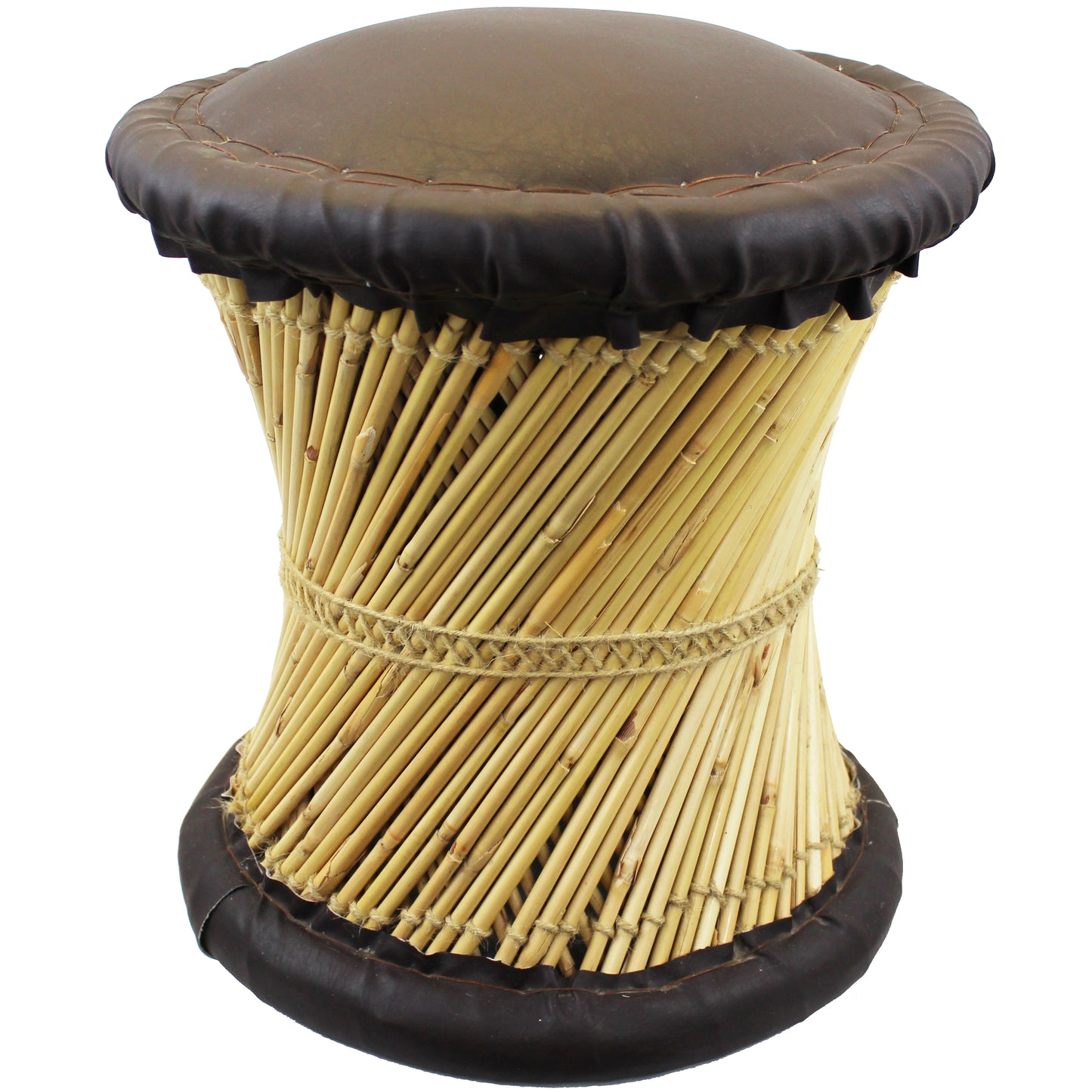 Natural Geo Moray Faux Leather/Reed Decorative Cushioned Accent Stool