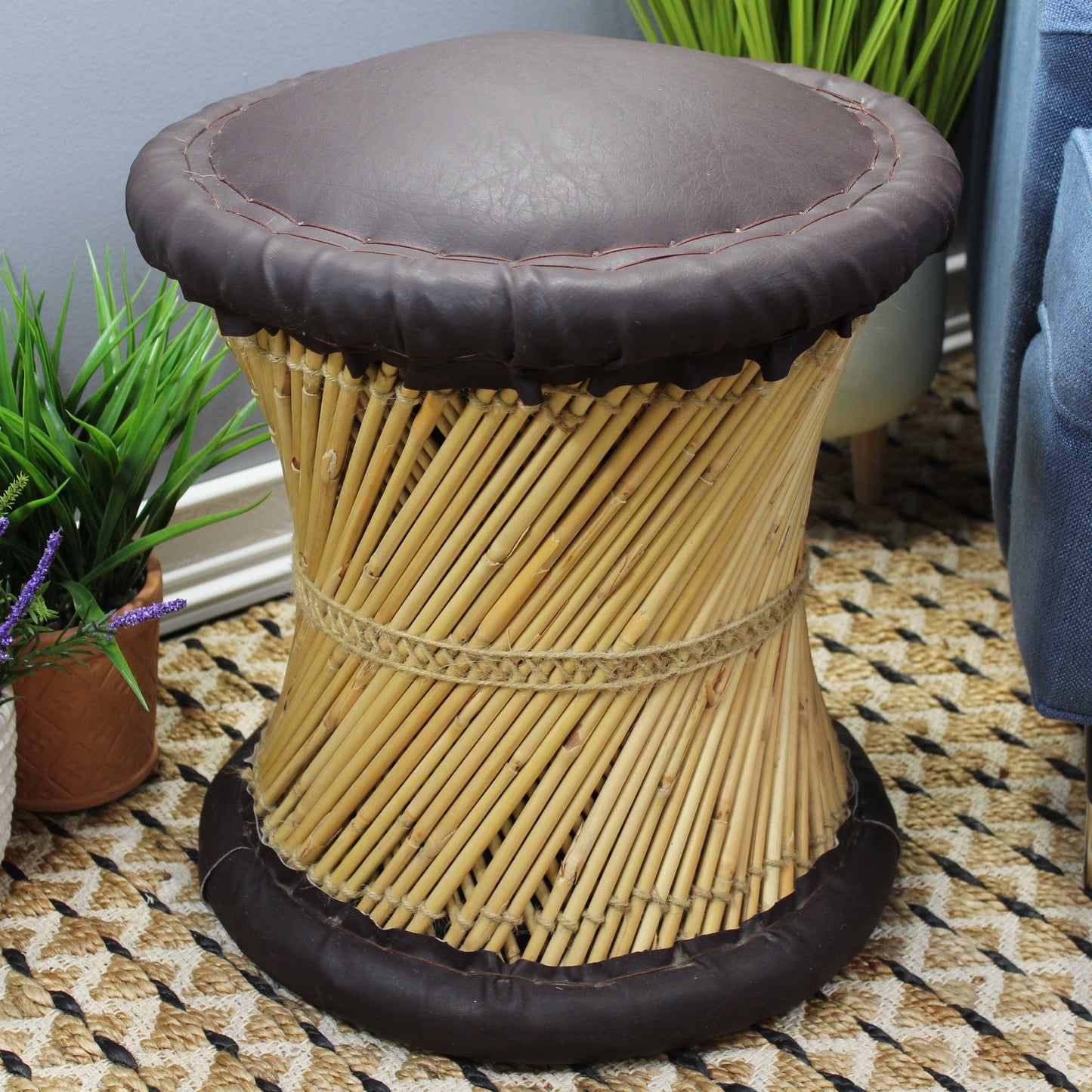 Natural Geo Moray Faux Leather/Reed Decorative Cushioned Accent Stool (Set of 2)
