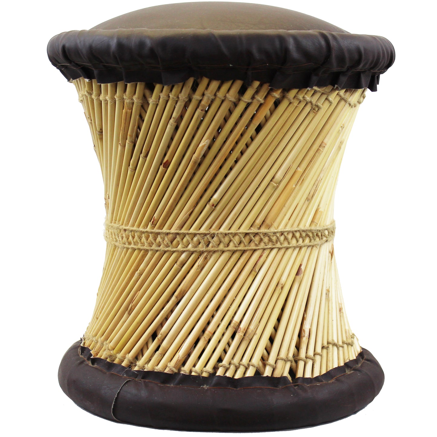 Natural Geo Moray Faux Leather/Reed Decorative Cushioned Accent Stool (Set of 2)