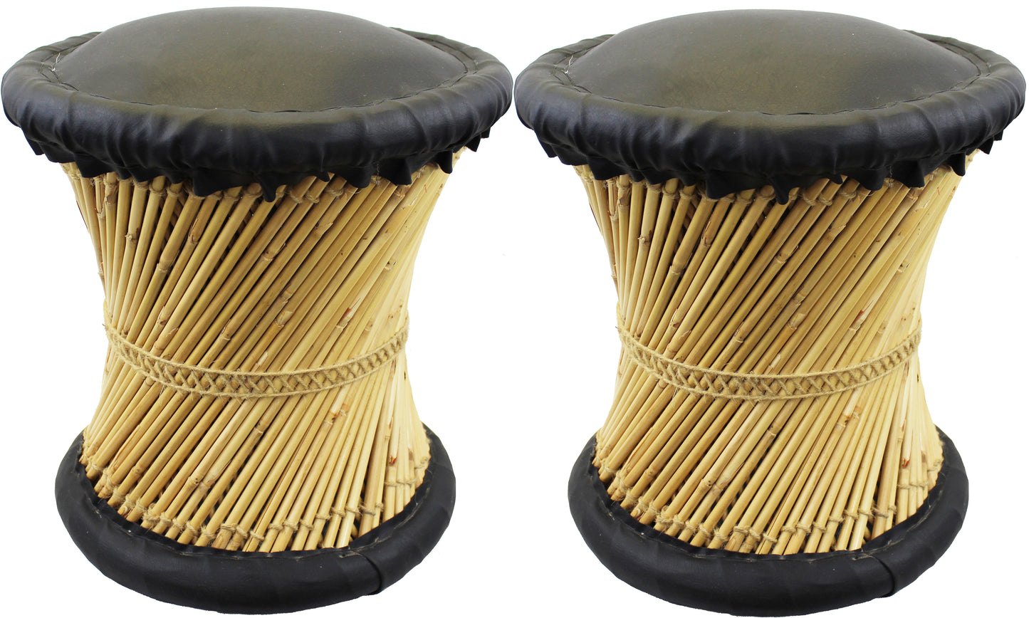Natural Geo Moray Faux Leather/Reed Decorative Cushioned Accent Stool (Set of 2)