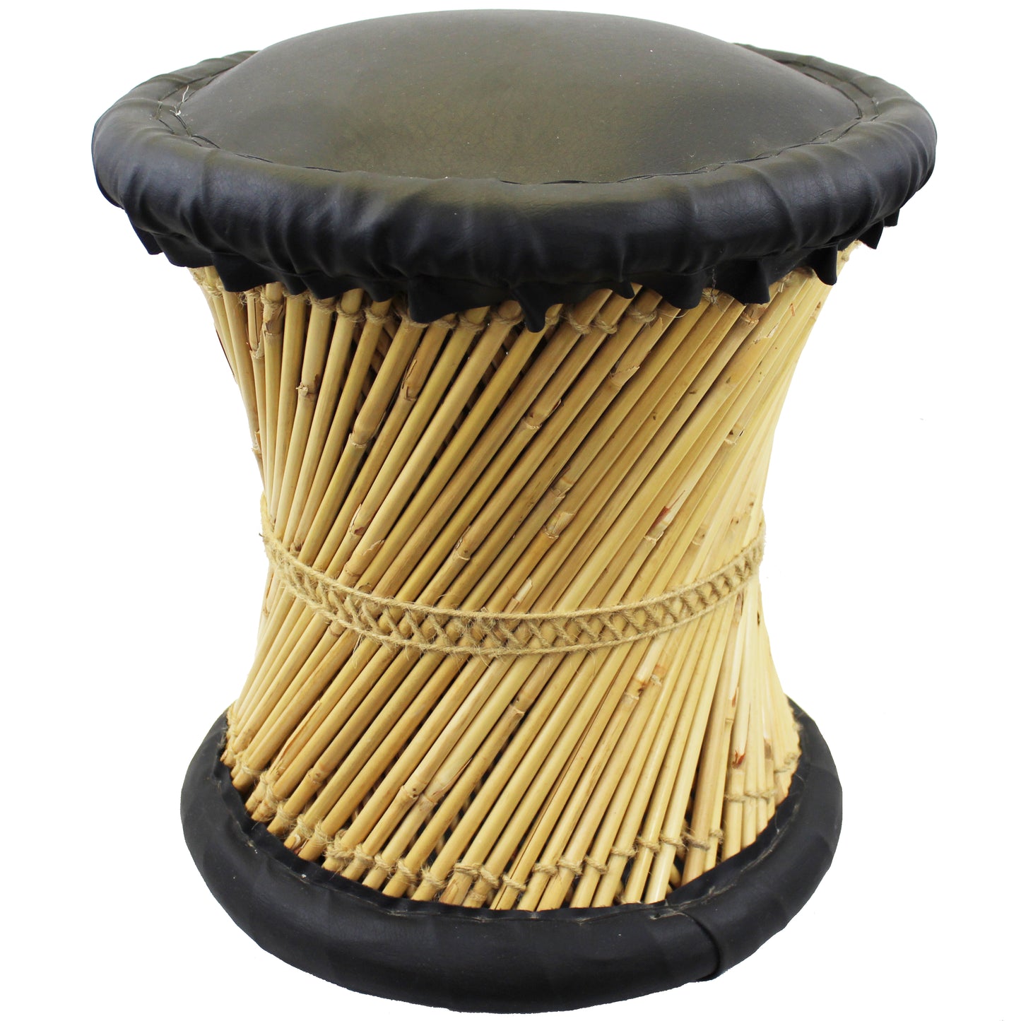 Natural Geo Moray Faux Leather/Reed Decorative Cushioned Accent Stool
