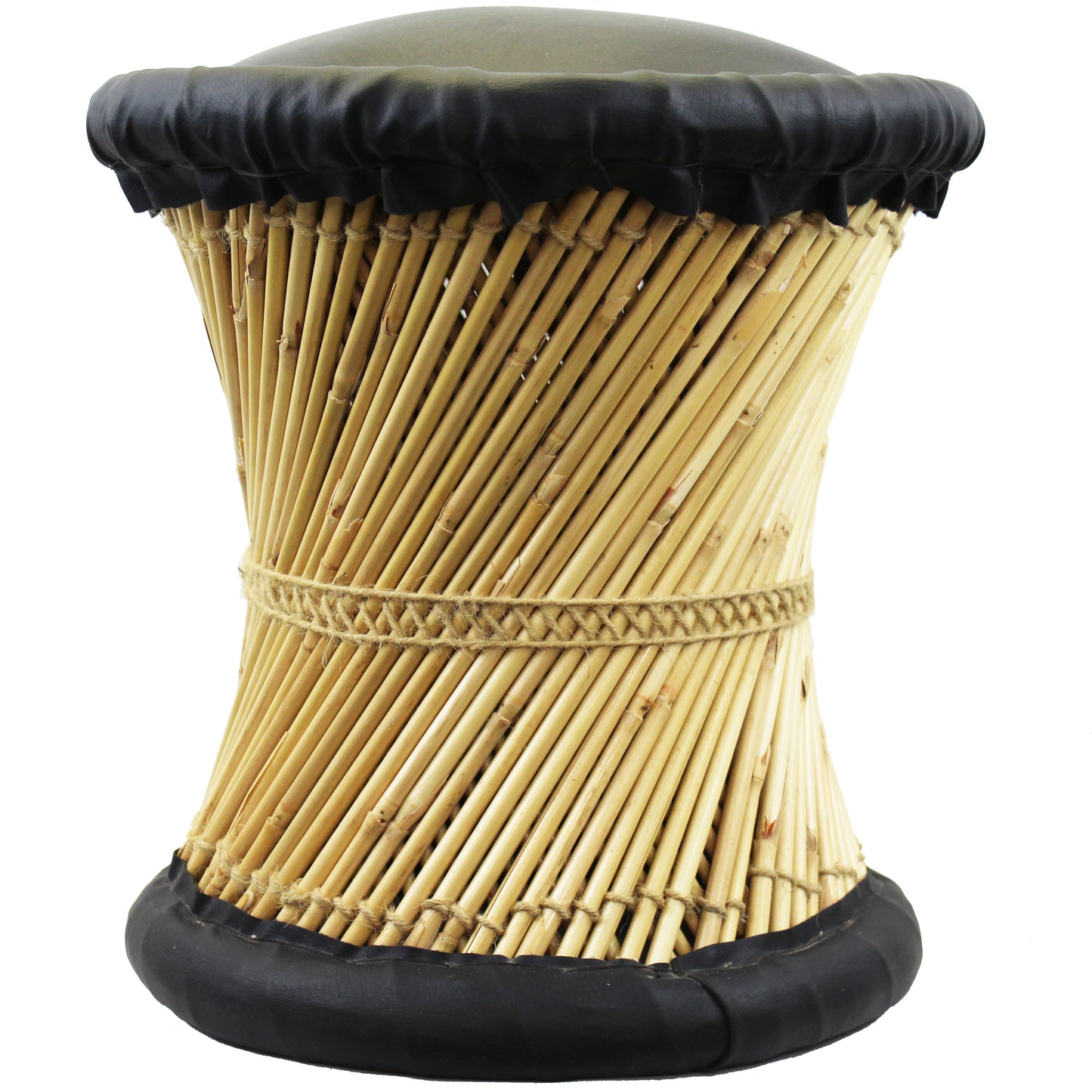 Natural Geo Moray Faux Leather/Reed Decorative Cushioned Accent Stool (Set of 2)
