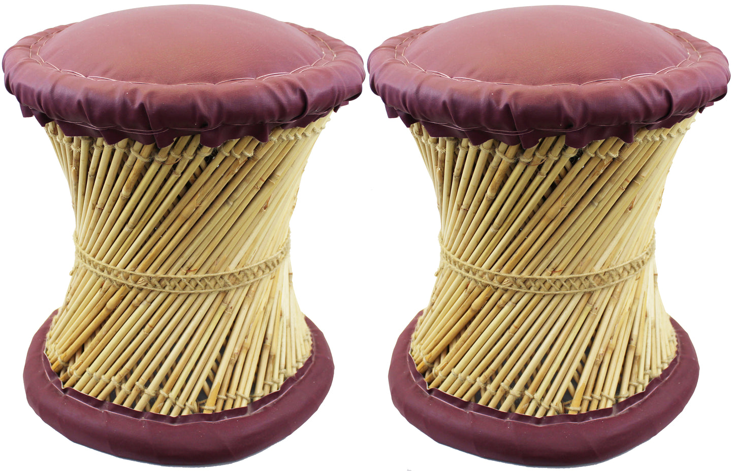 Natural Geo Moray Faux Leather/Reed Decorative Cushioned Accent Stool (Set of 2)