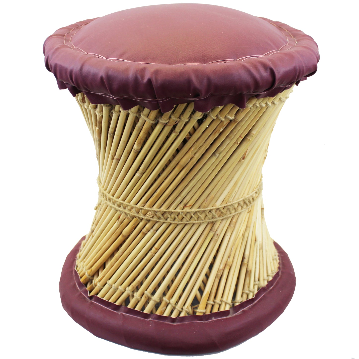 Natural Geo Moray Faux Leather/Reed Decorative Cushioned Accent Stool