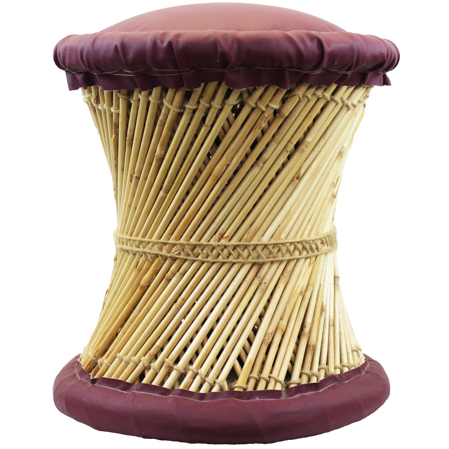 Natural Geo Moray Faux Leather/Reed Decorative Cushioned Accent Stool (Set of 2)
