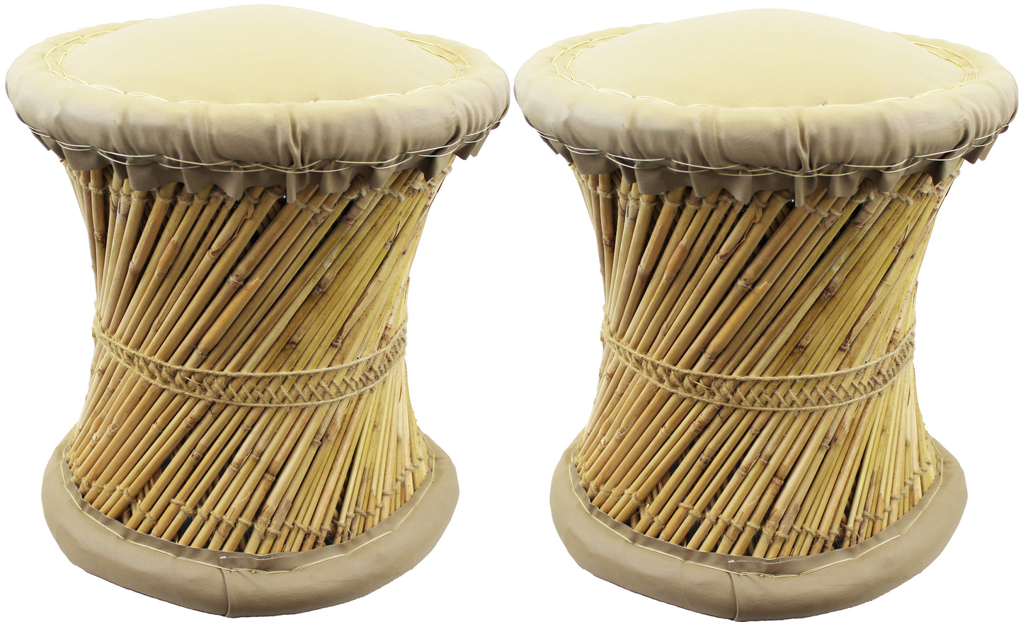 Natural Geo Moray Faux Leather/Reed Decorative Cushioned Accent Stool (Set of 2)