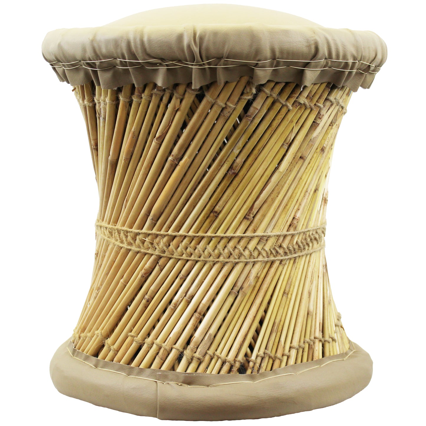 Natural Geo Moray Faux Leather/Reed Decorative Cushioned Accent Stool (Set of 2)