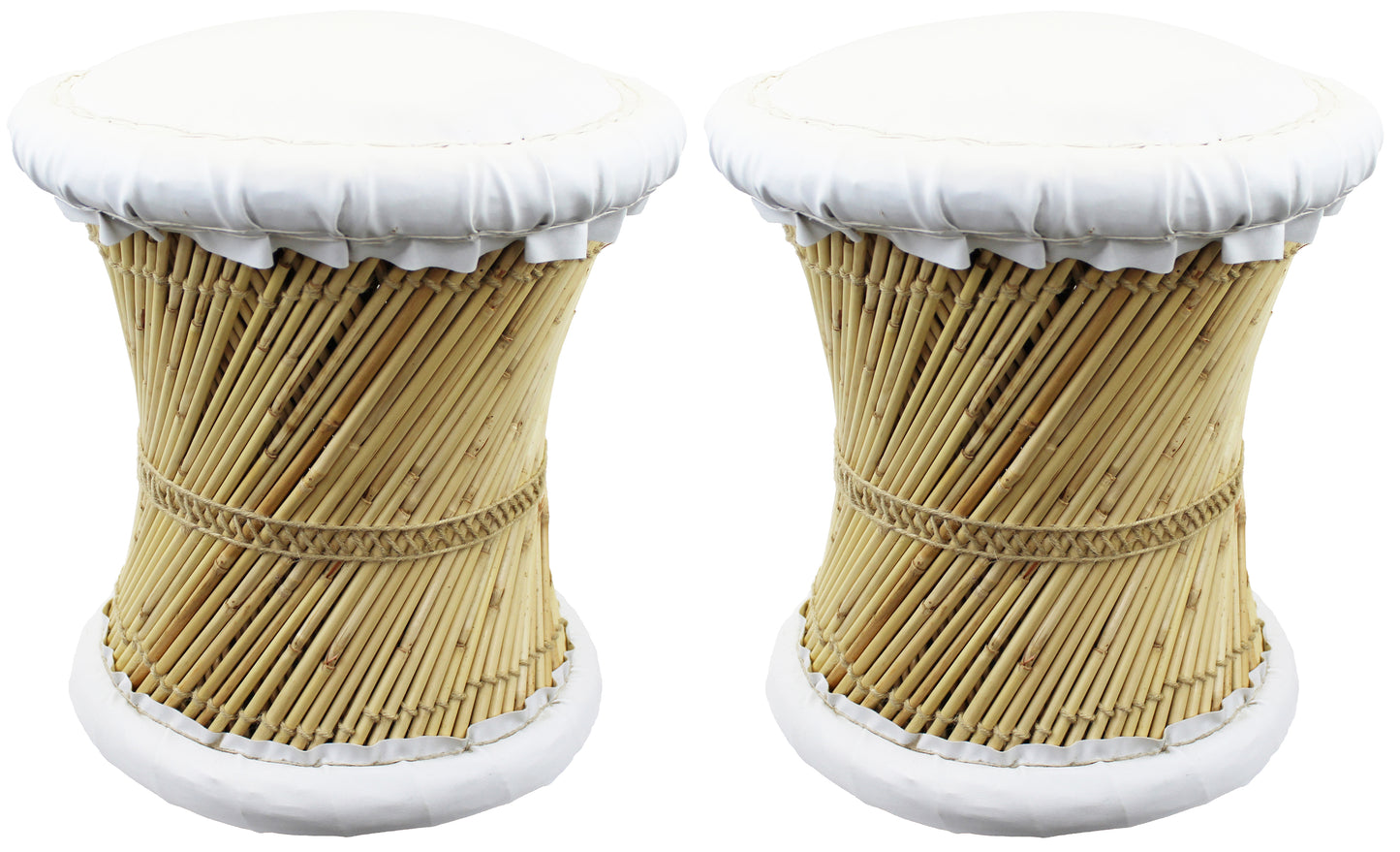Natural Geo Moray Faux Leather/Reed Decorative Cushioned Accent Stool (Set of 2)