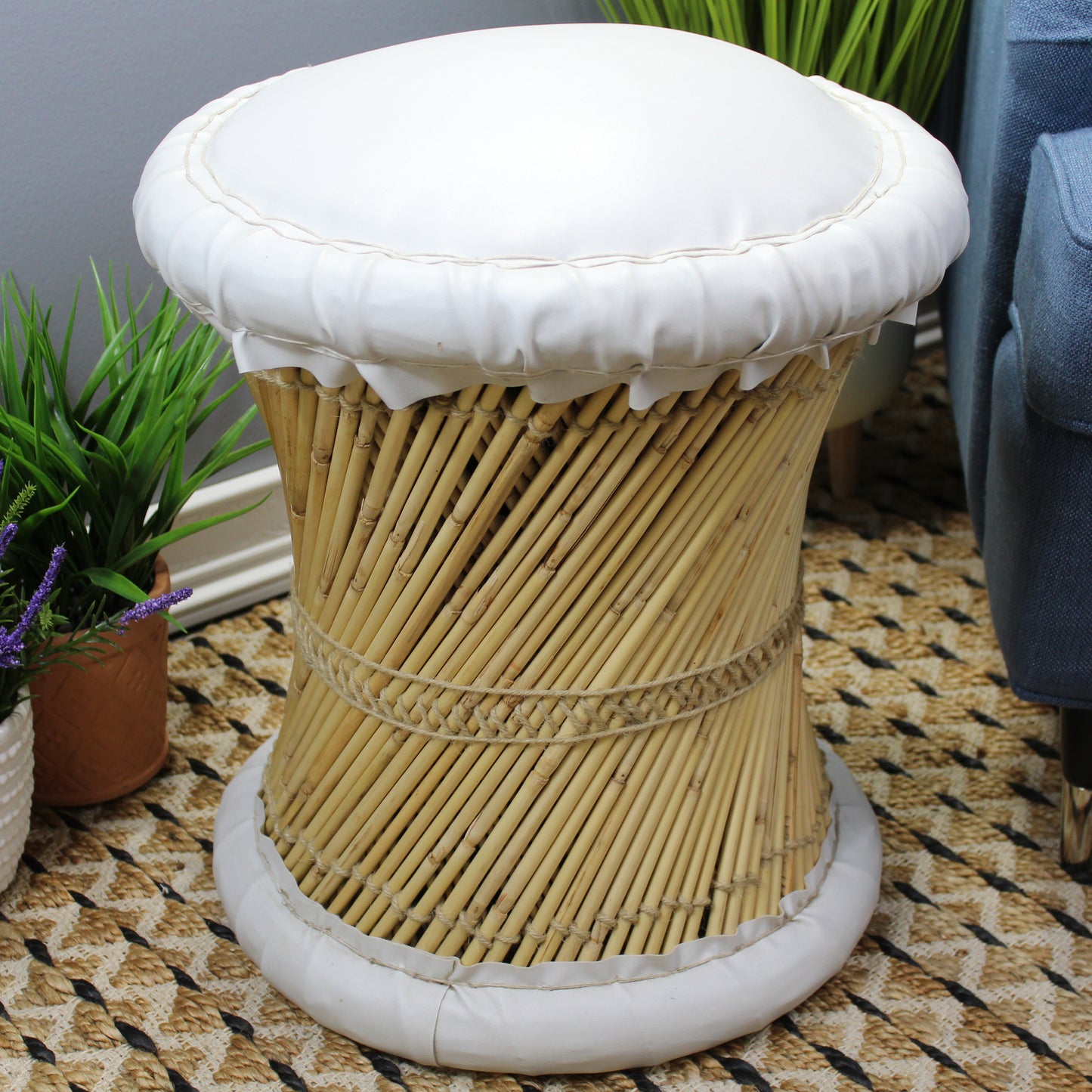 Natural Geo Moray Faux Leather/Reed Decorative Cushioned Accent Stool (Set of 2)