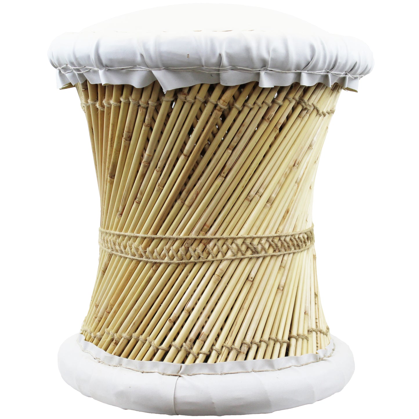 Natural Geo Moray Faux Leather/Reed Decorative Cushioned Accent Stool (Set of 2)