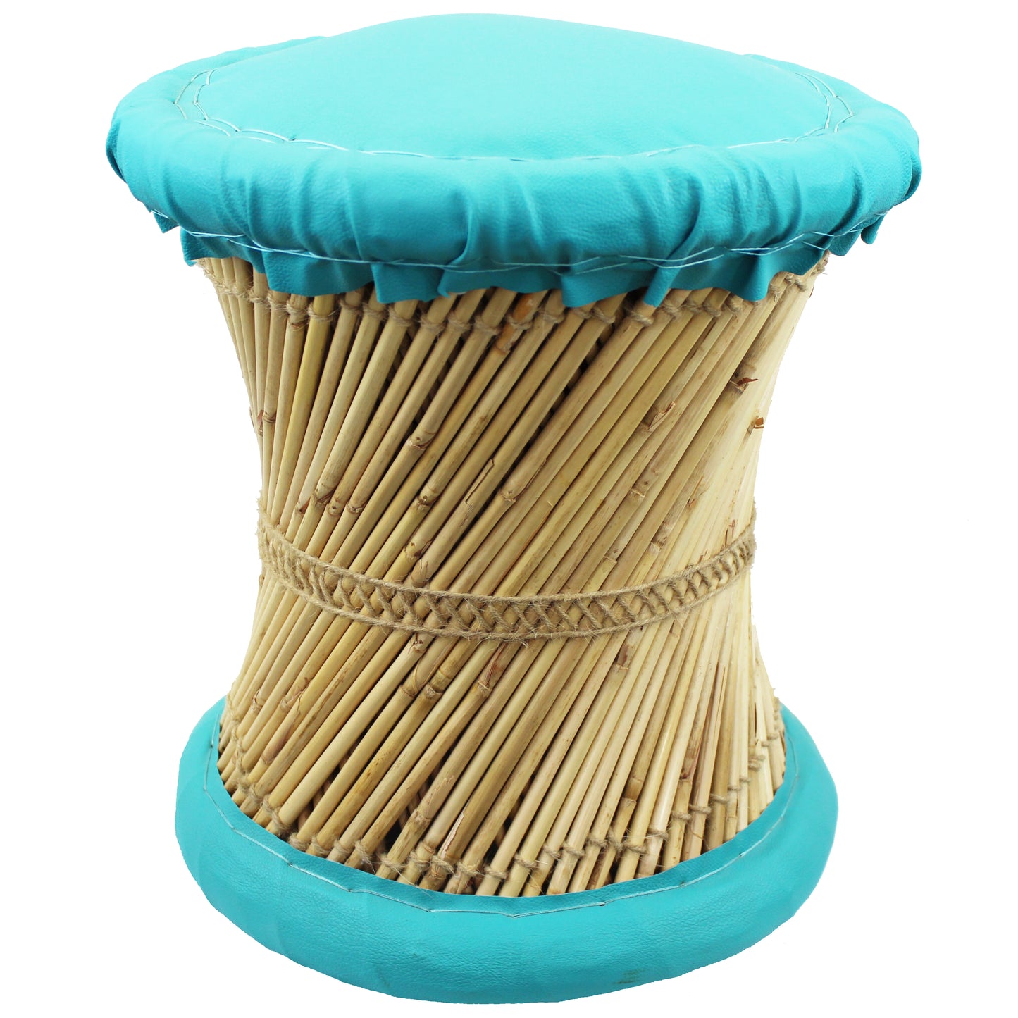 Natural Geo Moray Faux Leather/Reed Decorative Cushioned Accent Stool
