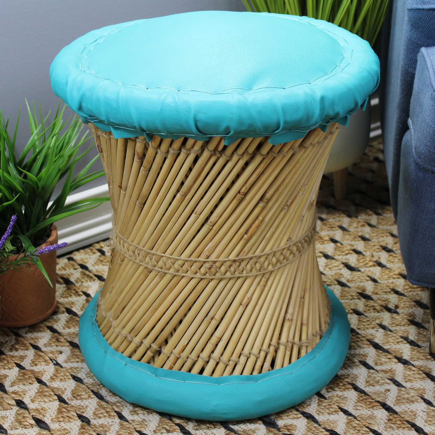 Natural Geo Moray Faux Leather/Reed Decorative Cushioned Accent Stool (Set of 2)