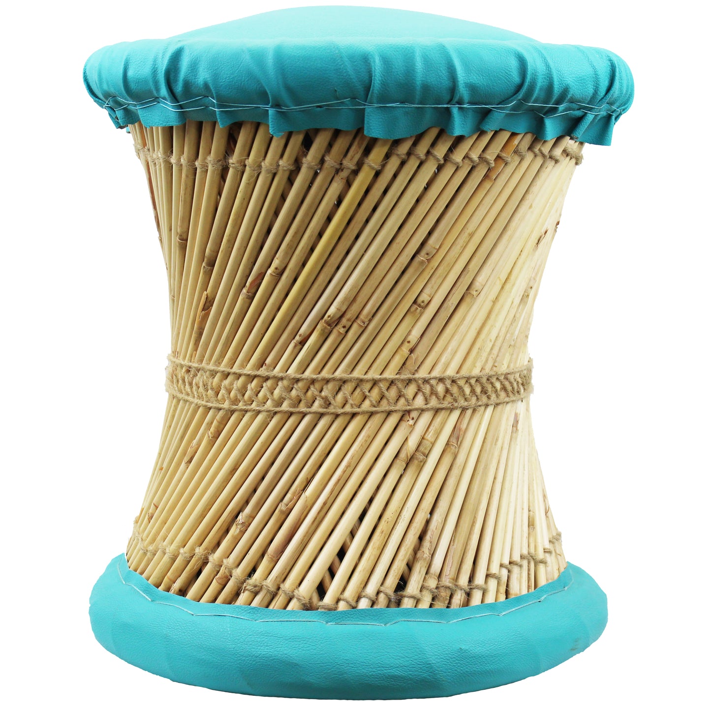 Natural Geo Moray Faux Leather/Reed Decorative Cushioned Accent Stool