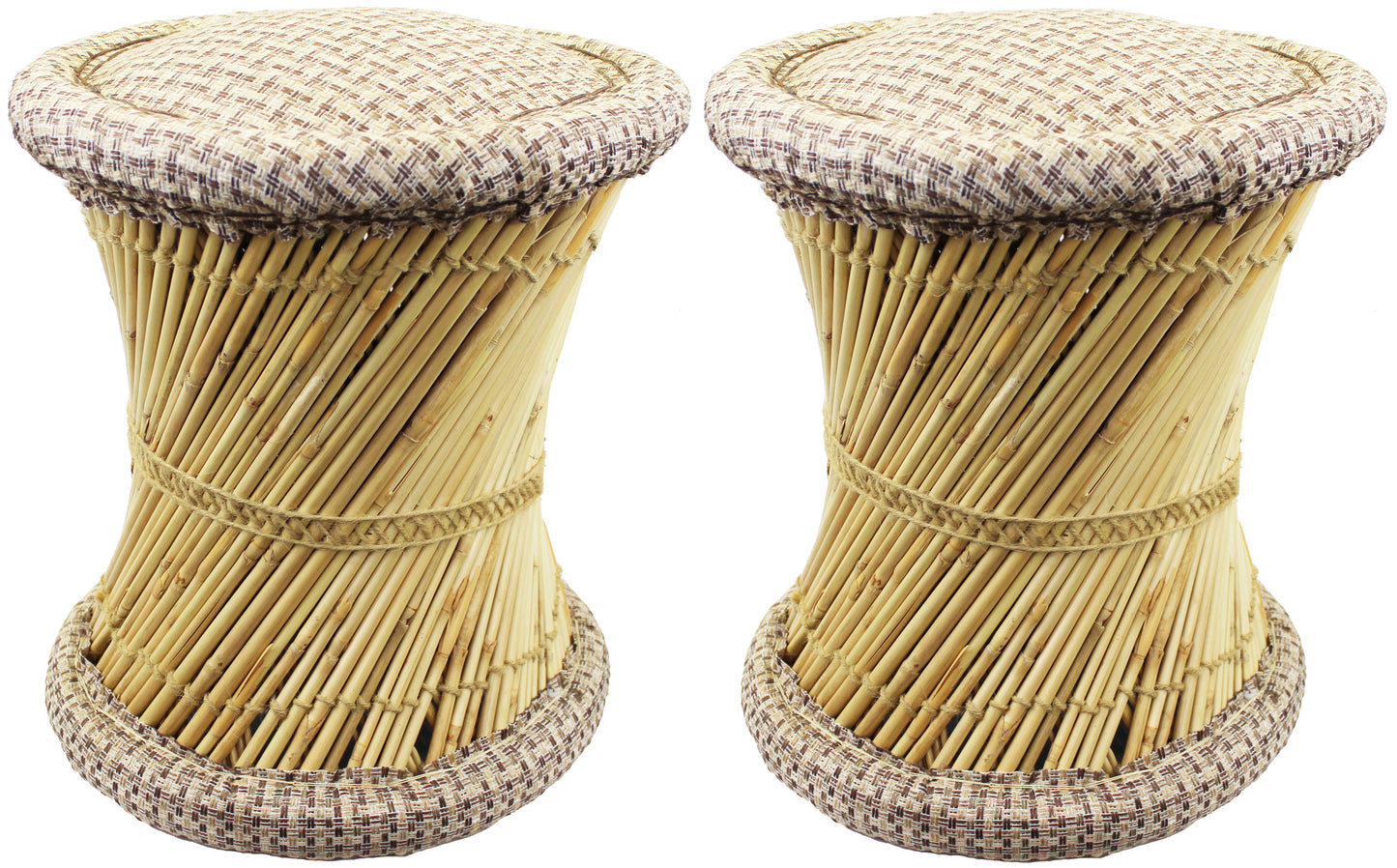 Natural Geo Moray Jute/Reed Decorative Cushioned Accent Stool (Set of 2)
