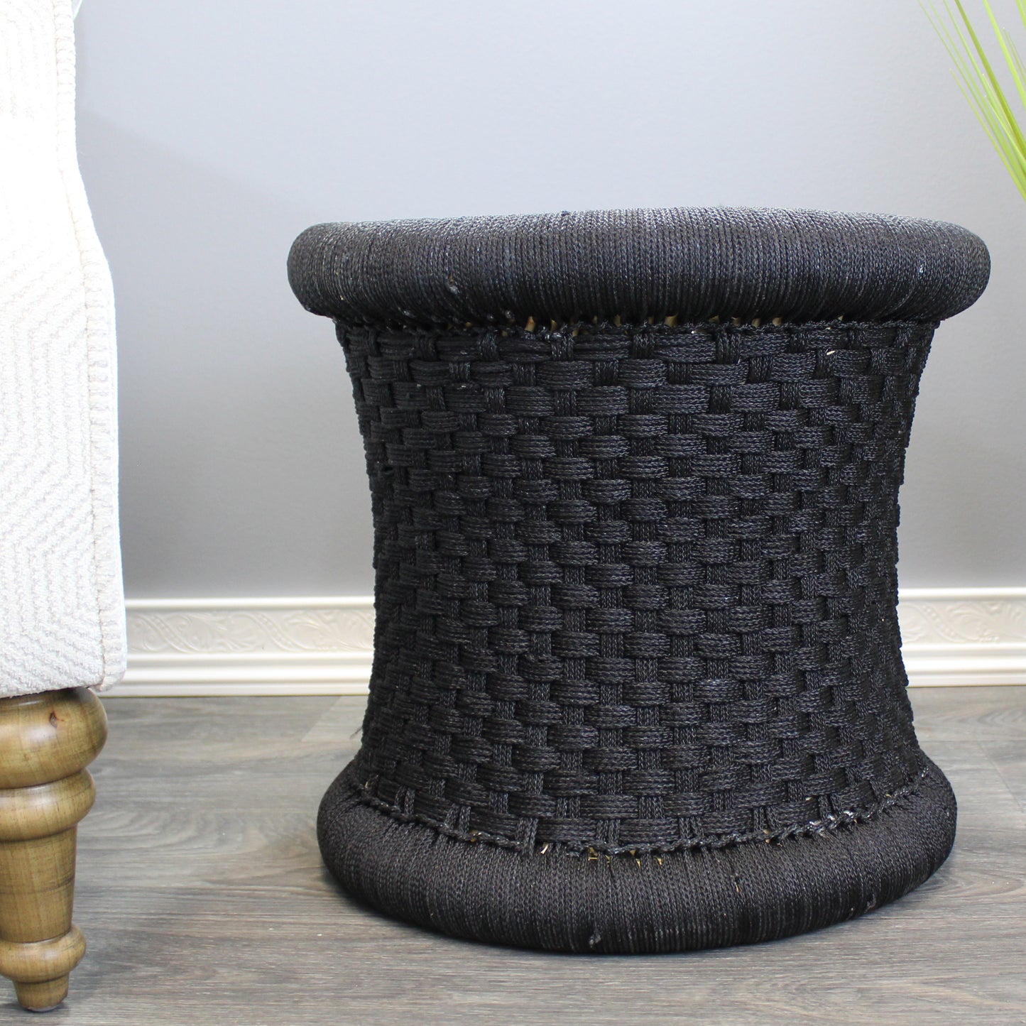 Natural Geo Moray Handwoven Nylon Decorative Accent Stool - Black