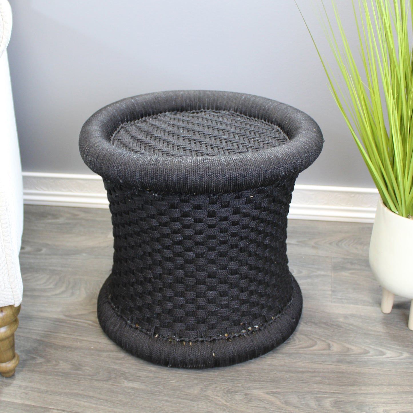 Natural Geo Moray Handwoven Nylon Decorative Accent Stool - Black