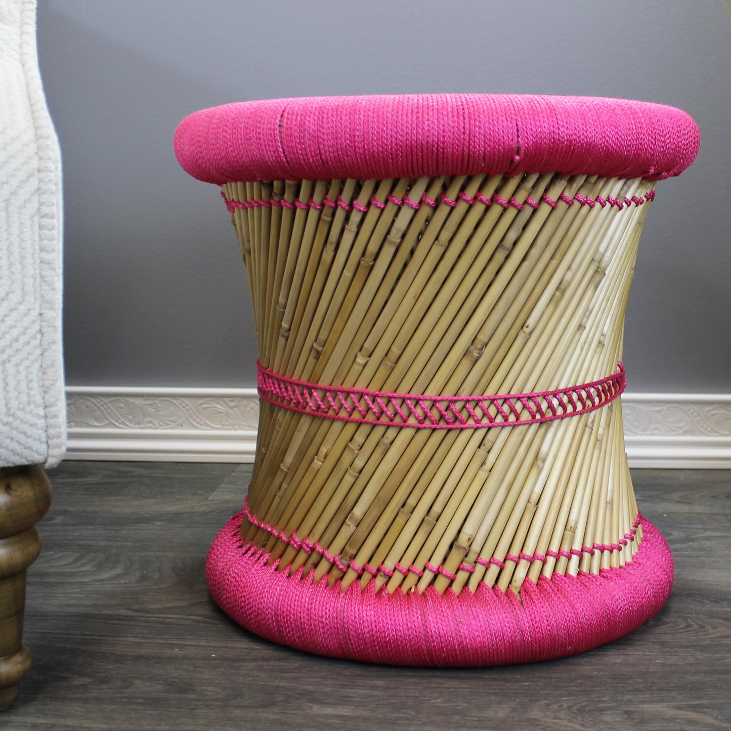 Natural Geo Moray Handwoven Nylon Decorative Accent Stool - Pink