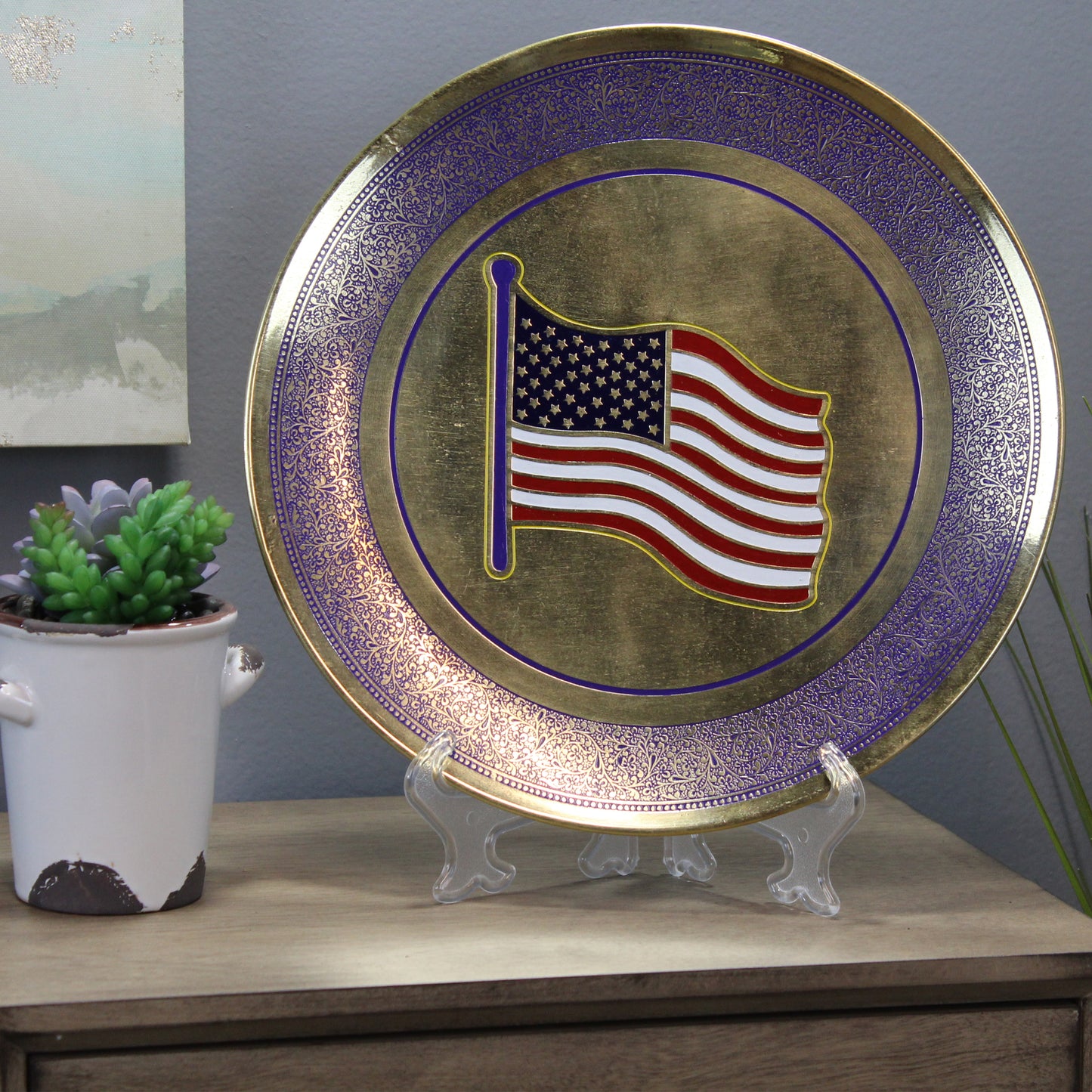 Natural Geo USA Flag Decorative Wall Hanging Brass Accent Plate