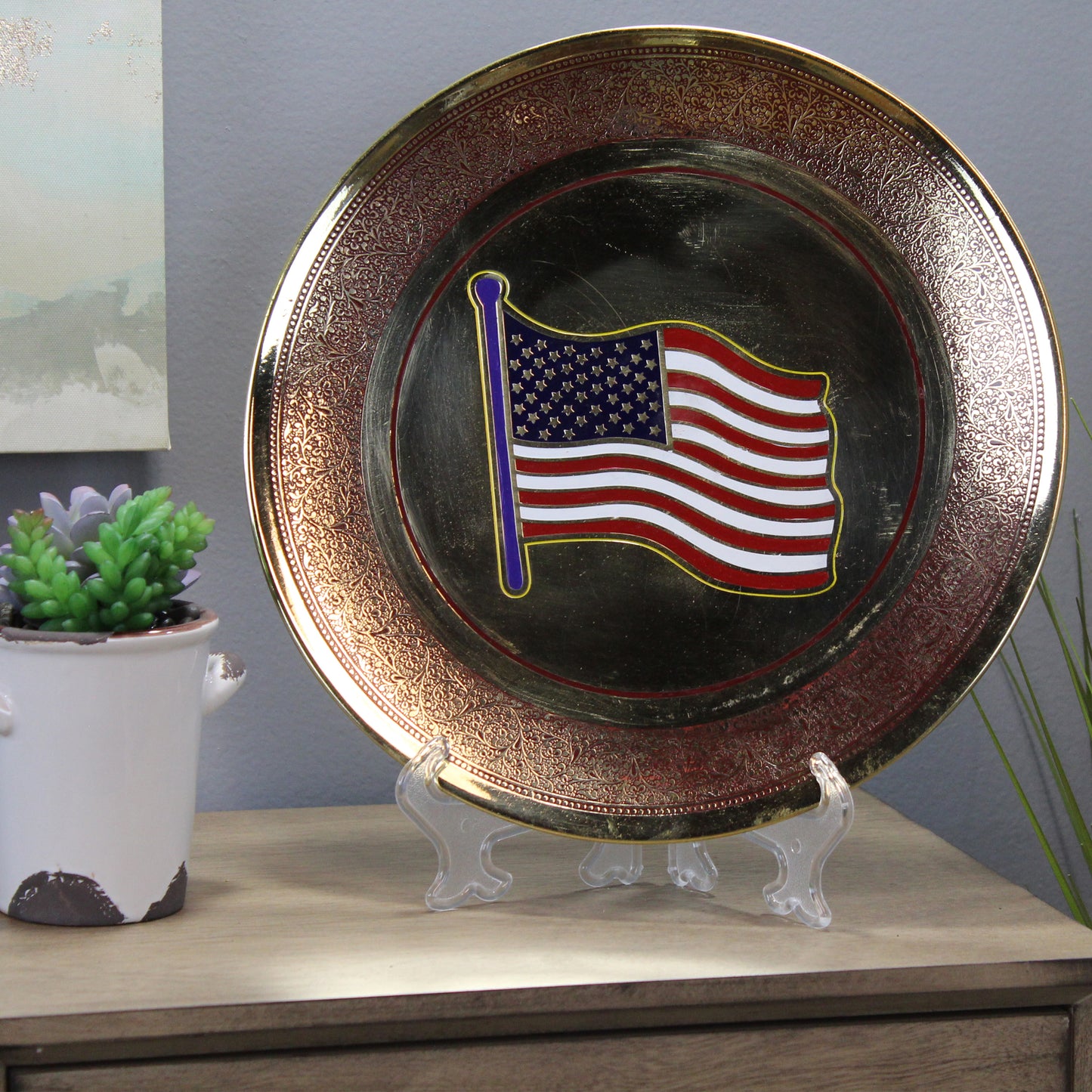 Natural Geo USA Flag Decorative Wall Hanging Brass Accent Plate