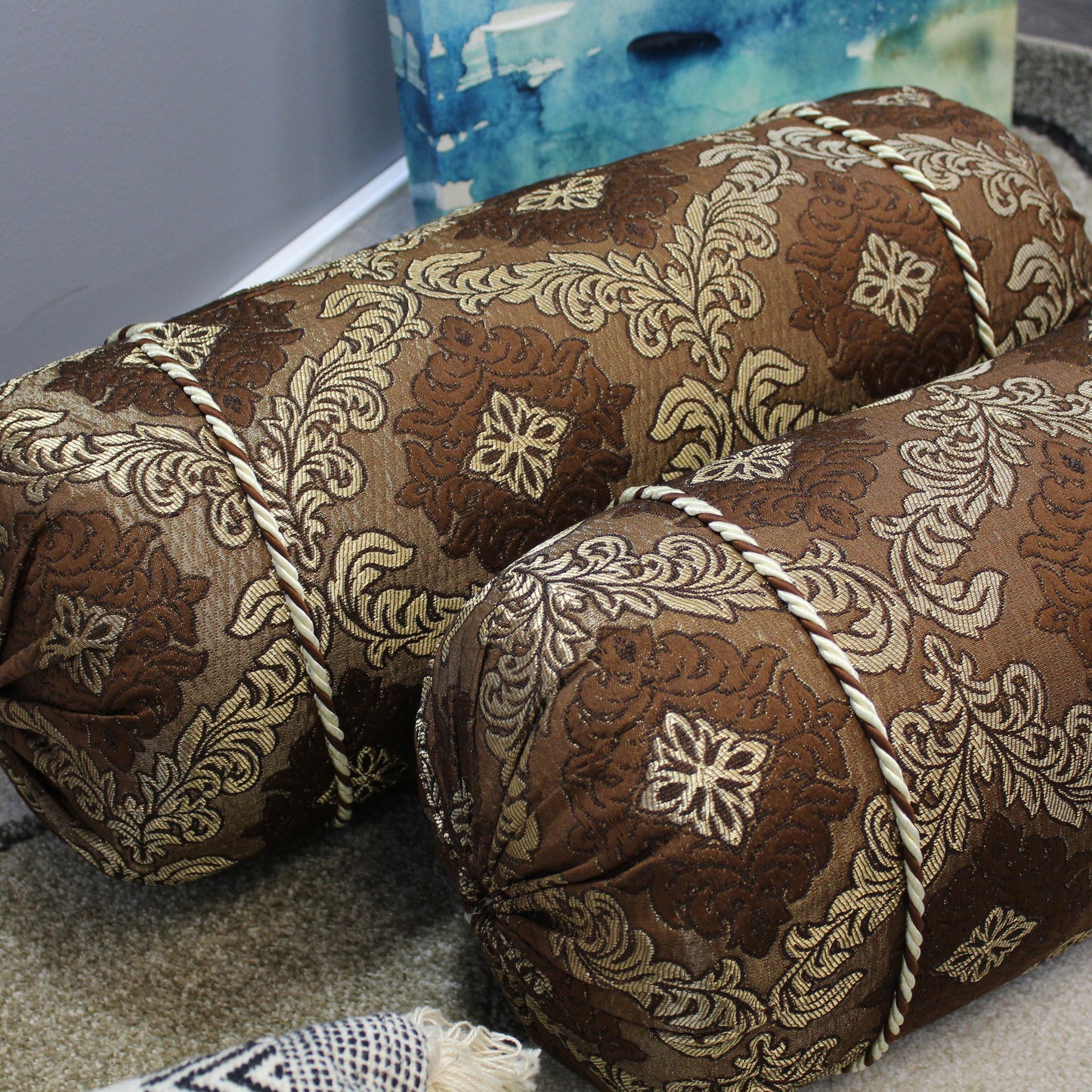 Natural Geo Brown/Gold Gao Takiya Bolster Pillow (Set of 2)