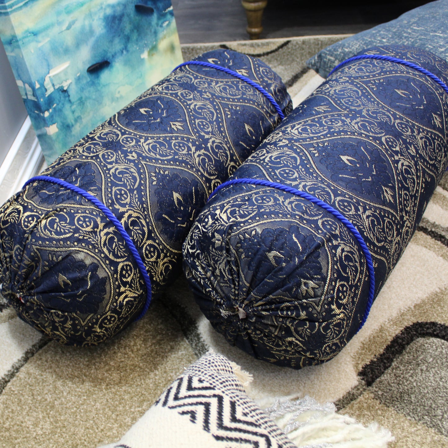Natural Geo Blue/Gold Gao Takiya Bolster Pillow (Set of 2)
