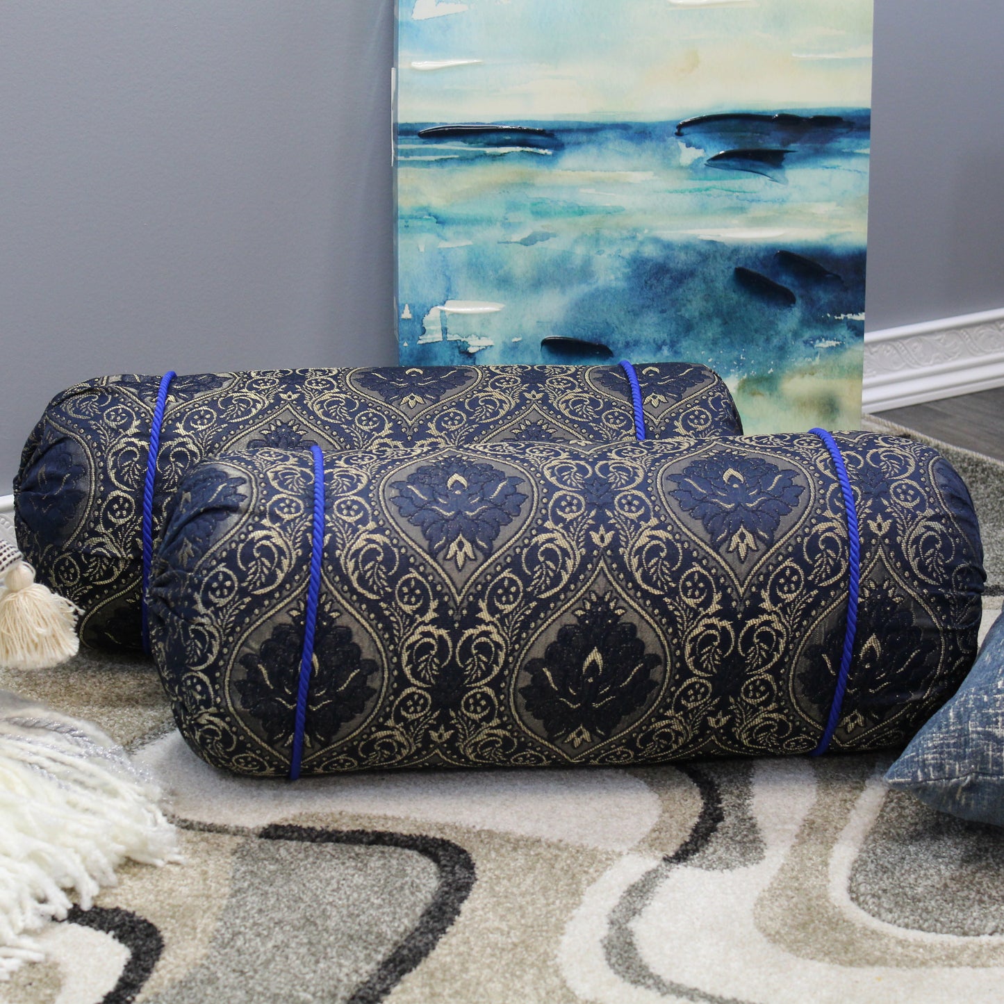 Natural Geo Blue/Gold Gao Takiya Bolster Pillow (Set of 2)