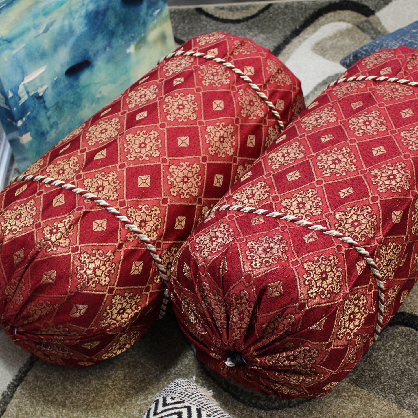 Natural Geo Ruby Red Gao Takiya Bolster Pillow (Set of 2)