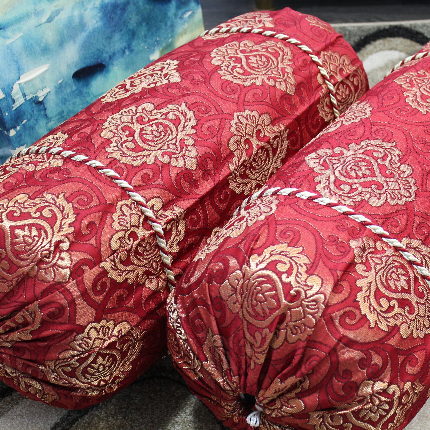 Natural Geo Gold/Red Gao Takiya Bolster Pillow (Set of 2)