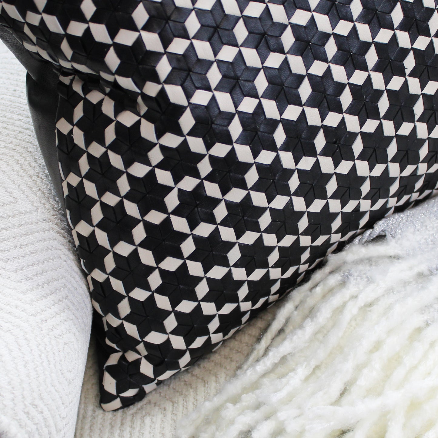 Natural Geo Black/White Leather Geometric Star Throw Pillow