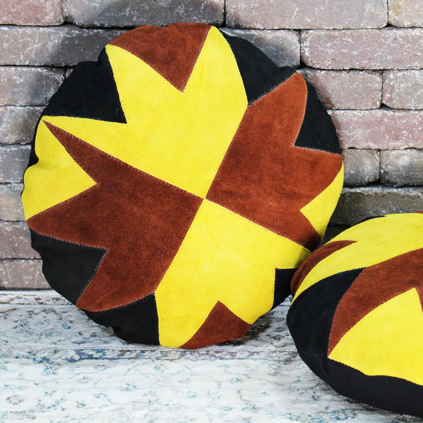 Natural Geo Prolific Leather Suede Yellow/Brown/Black Round Decorative Throw Pillow