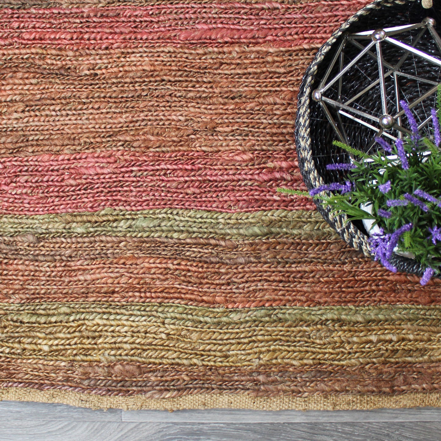 Natural Geo Spontaneous Jute Handwoven Maroon/Orange Striped Area Rug