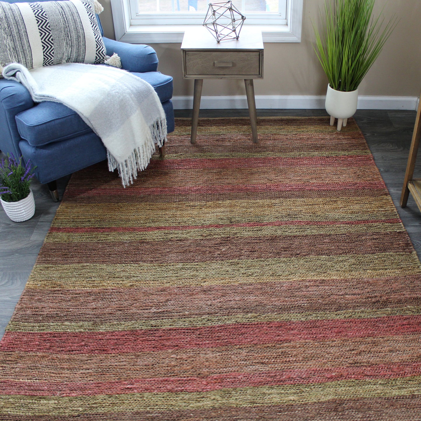 Natural Geo Spontaneous Jute Handwoven Maroon/Orange Striped Area Rug